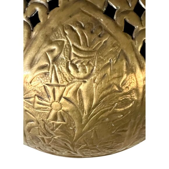 Vintage Large Brass Round Sphere Planter Floral Thistle Geometric Designs 11" - Picture 9 of 11